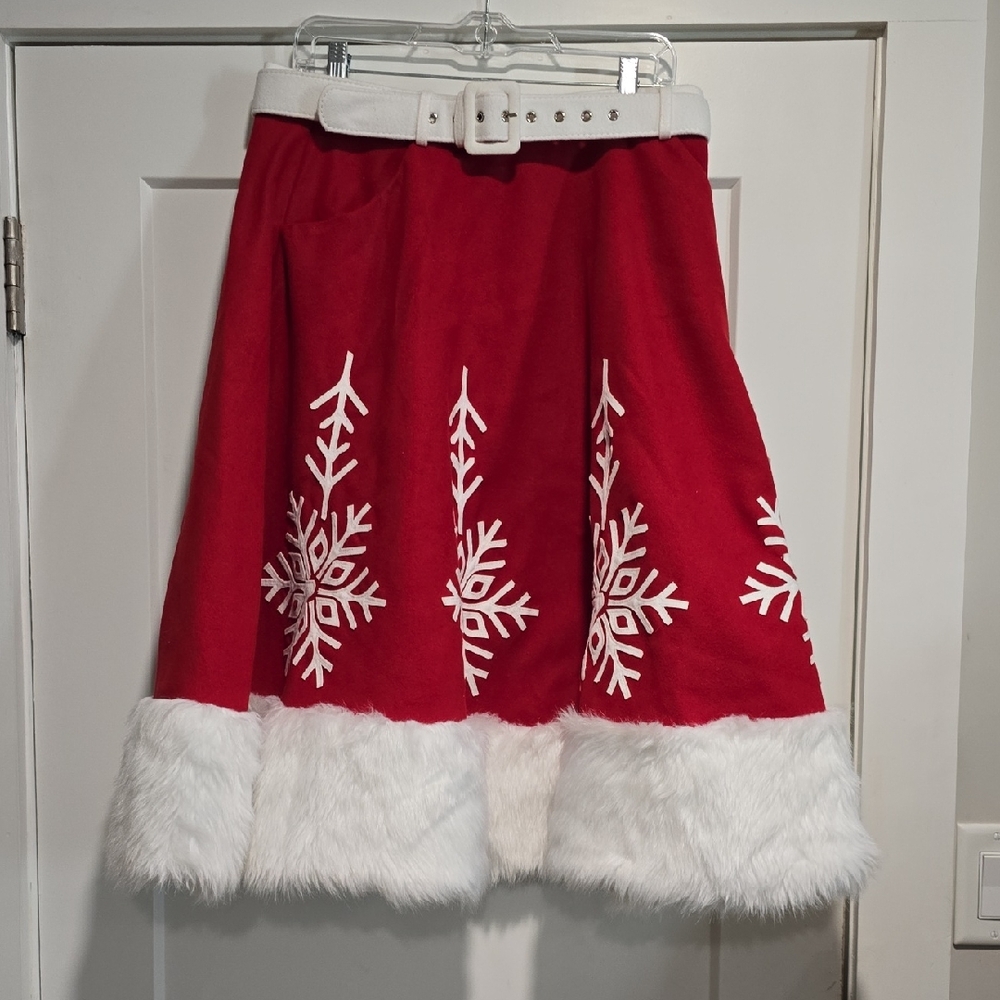 Unique Vintage Red A-Line Skirt with Snowflake Pattern